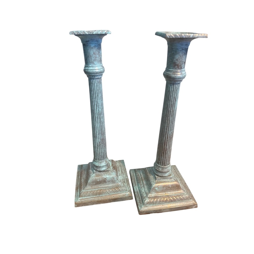 Vintage Neoclassical Verdigris Patina Fluted Column Taper Candle Holders Set 2